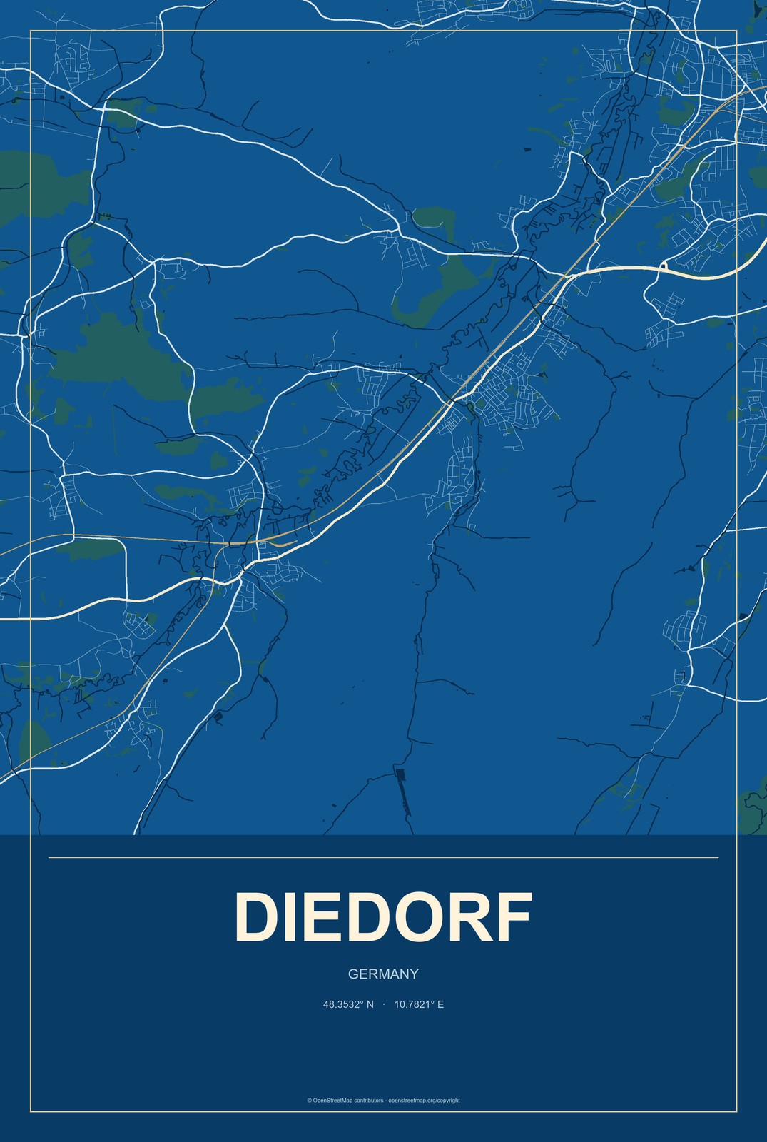 Diedorf, Germany City Map Aluminum Sign in Harbor Cobalt style