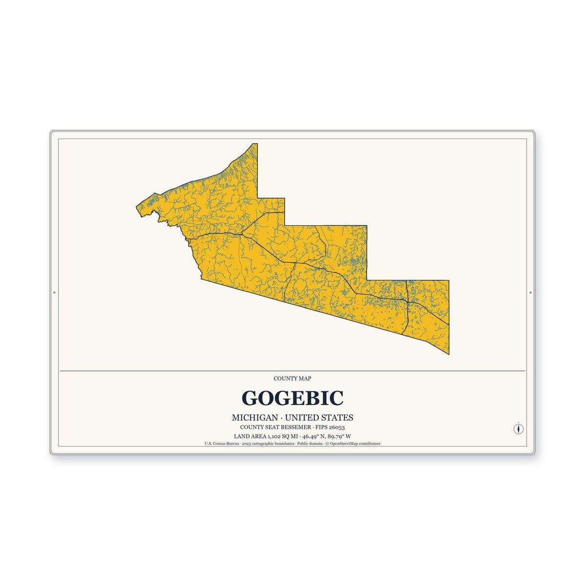 Gogebic County, Michigan Map Aluminum Sign in Citrine Modern style