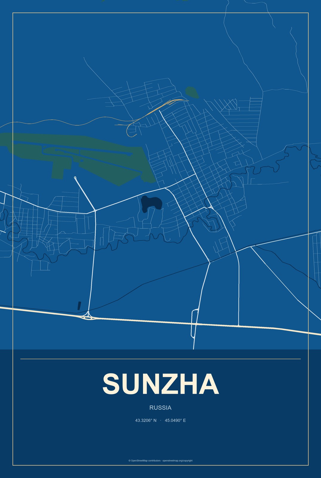Sunzha, North Ossetia–Alania, Russia City Map Aluminum Sign in Harbor Cobalt style