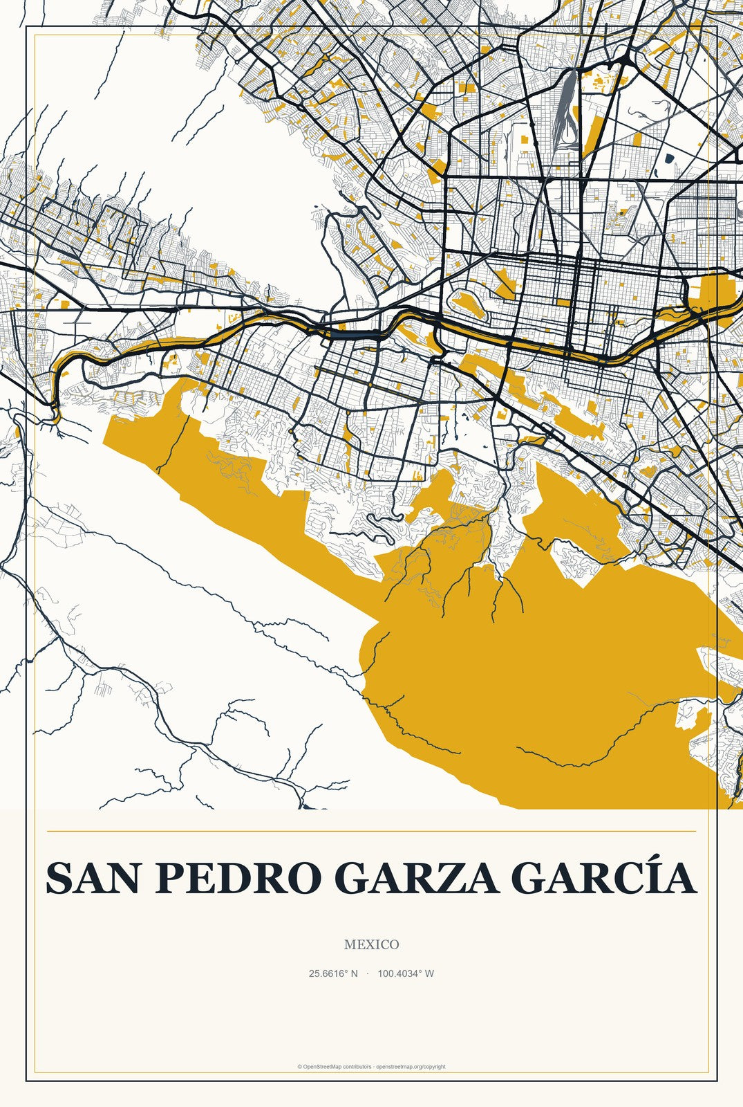 San Pedro Garza García, Mexico City Map Aluminum Sign in Citrine Modern style