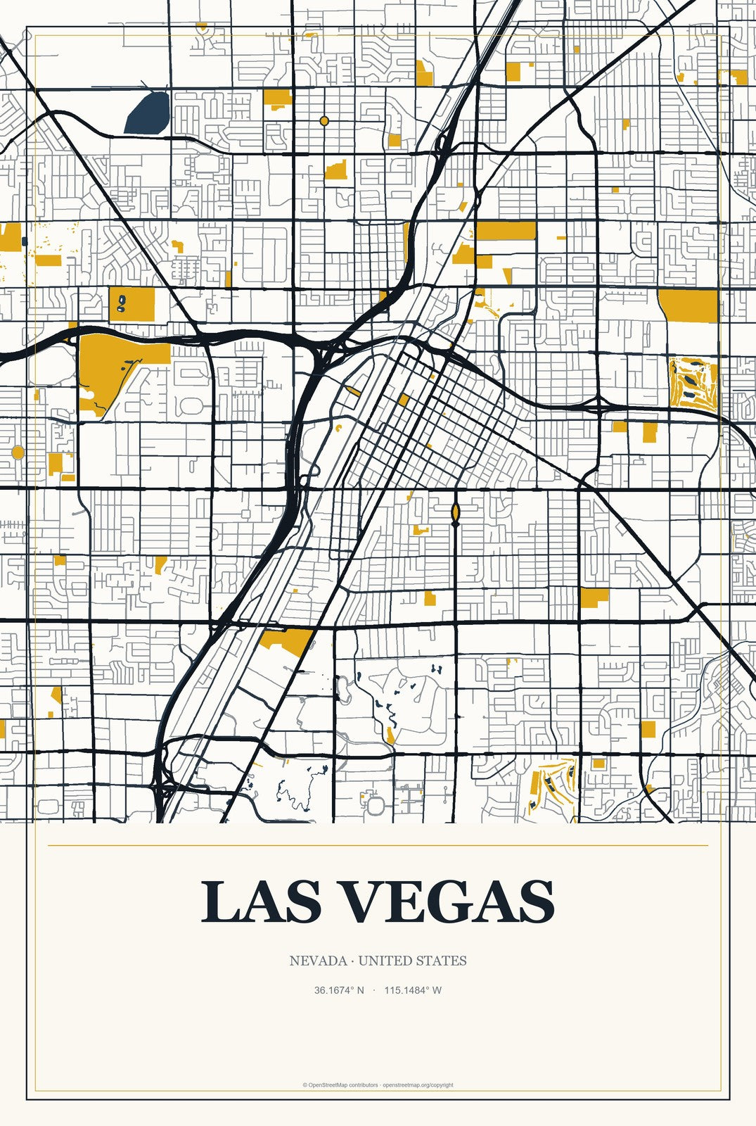 Las Vegas, Nevada City Map Aluminum Sign in Citrine Modern style