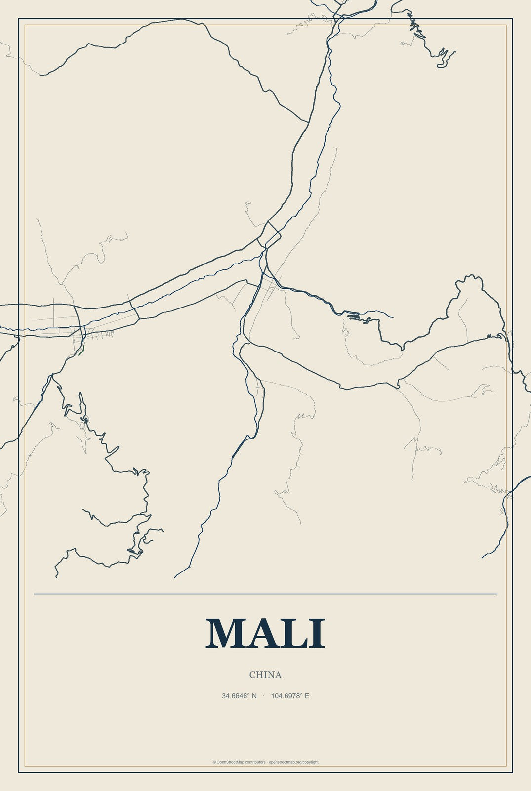 Mali, China City Map Aluminum Sign in Coastal Cutout style