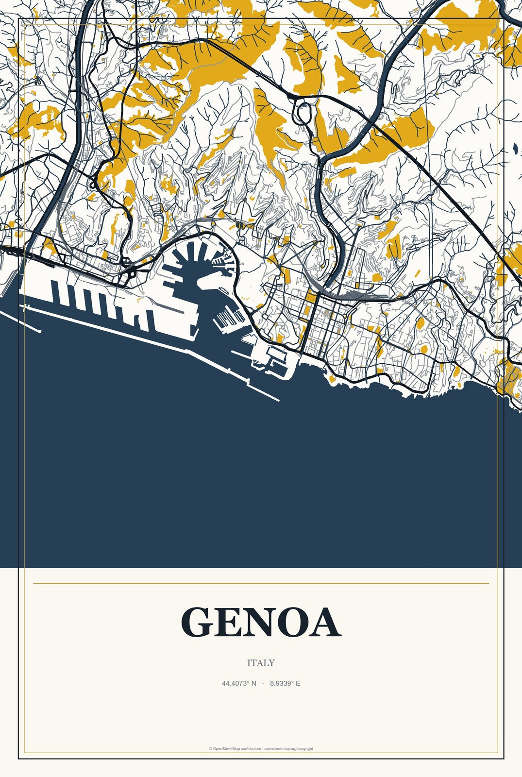 Genoa, Italy City Map Aluminum Sign in Citrine Modern style