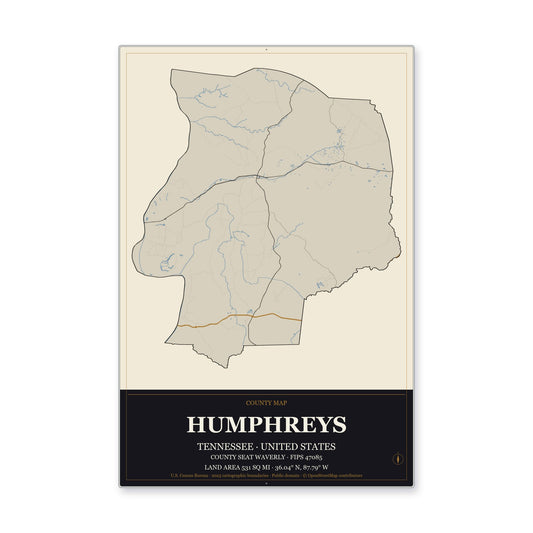 Humphreys County, Tennessee Map Aluminum Sign in Museum Plaque style