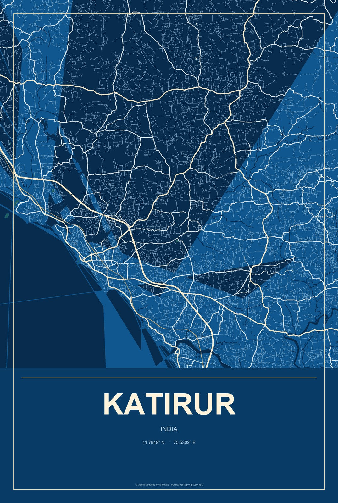 Katirur, India City Map Aluminum Sign in Harbor Cobalt style