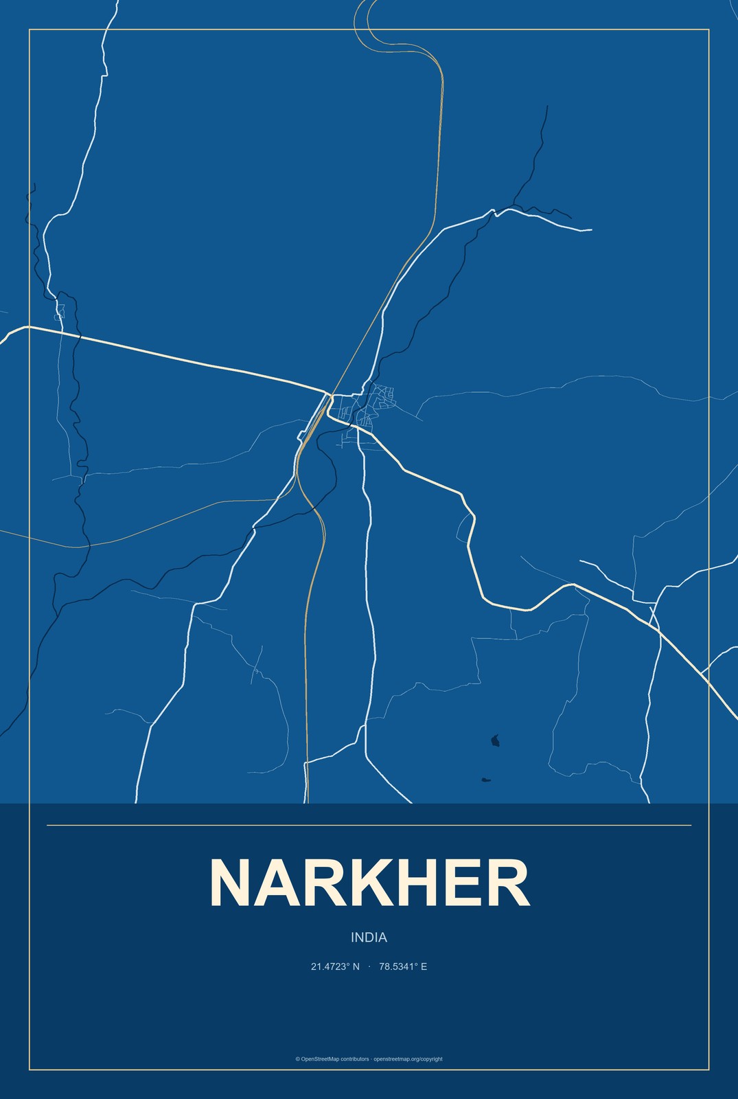 Narkher, India City Map Aluminum Sign in Harbor Cobalt style