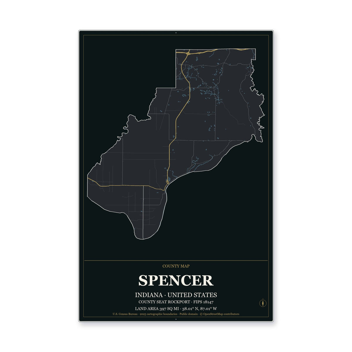 Spencer County, Indiana Map Aluminum Sign in Metropolitan Noir style