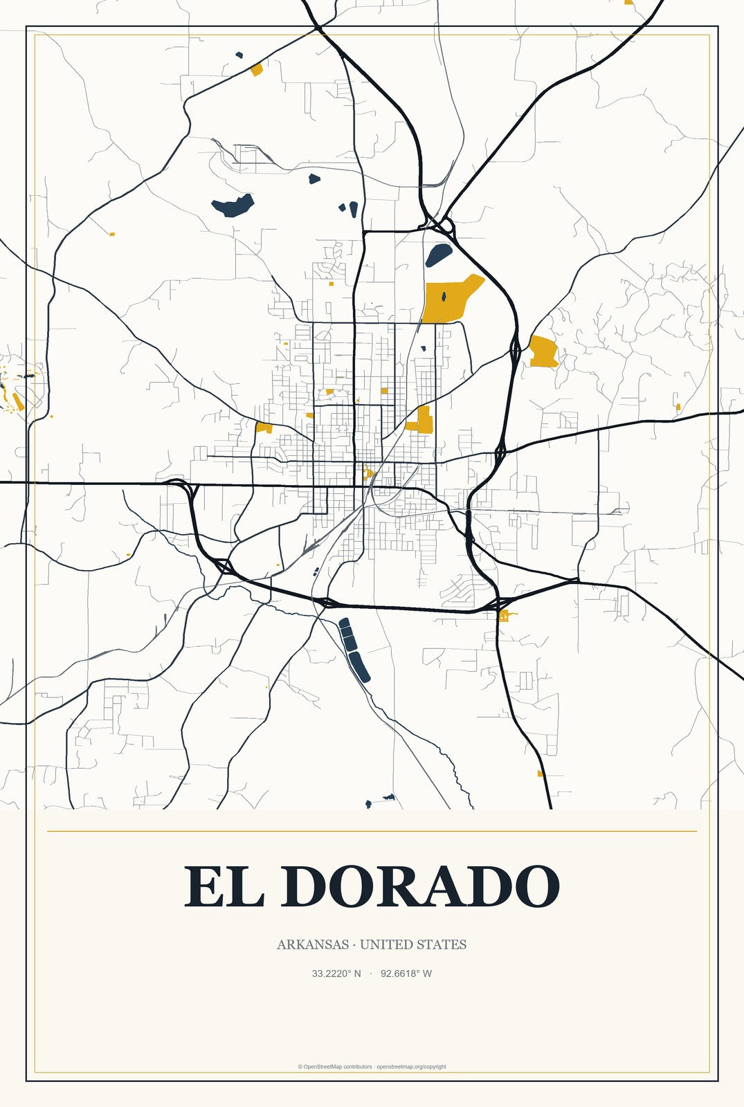 El Dorado, Arkansas City Map Aluminum Sign in Citrine Modern style