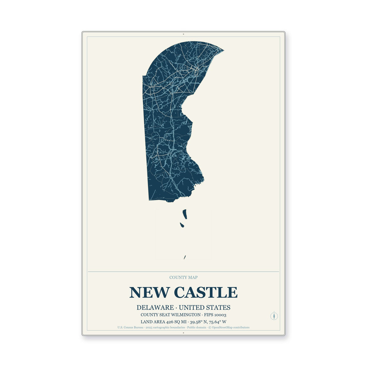 New Castle County, Delaware Map Aluminum Sign in Coastal Cutout style