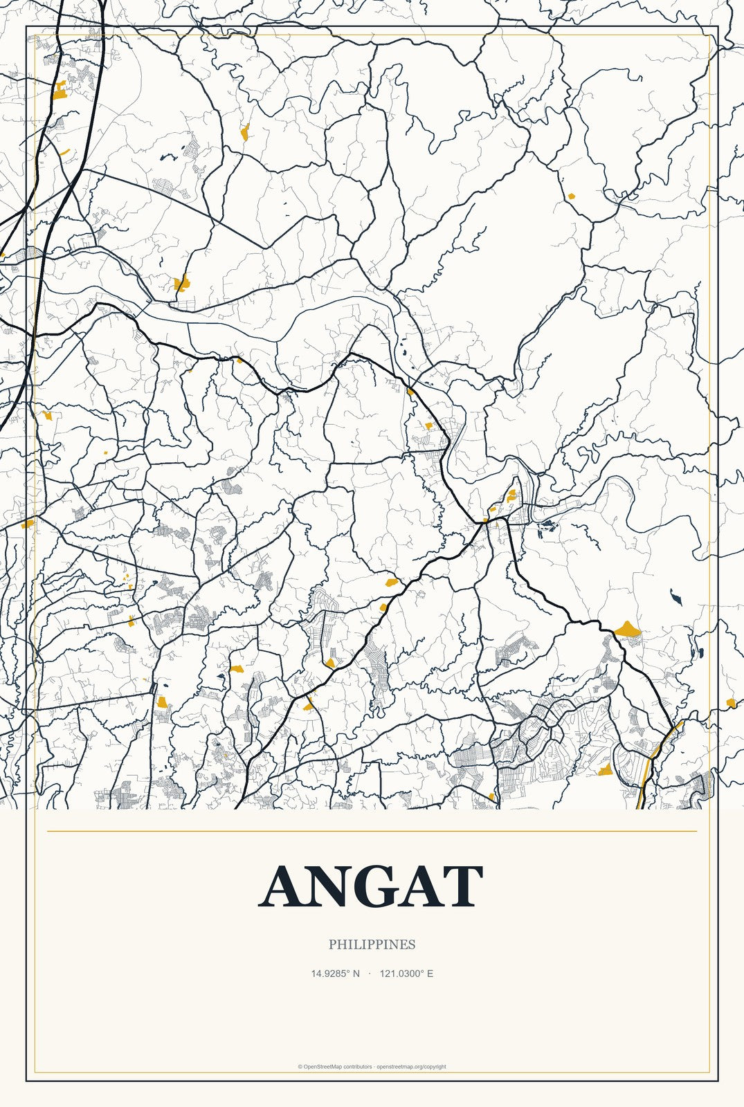 Angat, Philippines City Map Aluminum Sign in Citrine Modern style