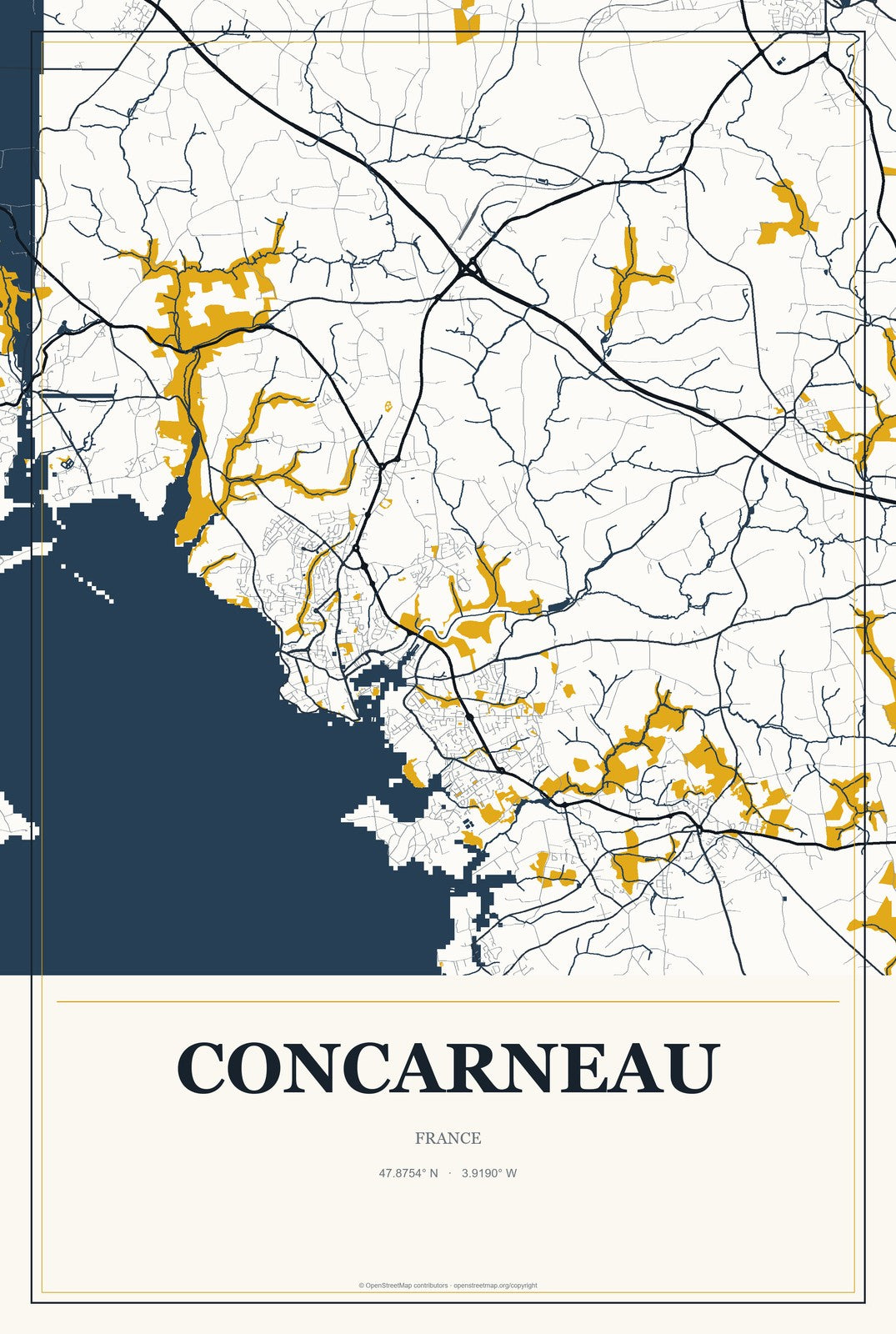 Concarneau, France City Map Aluminum Sign in Citrine Modern style