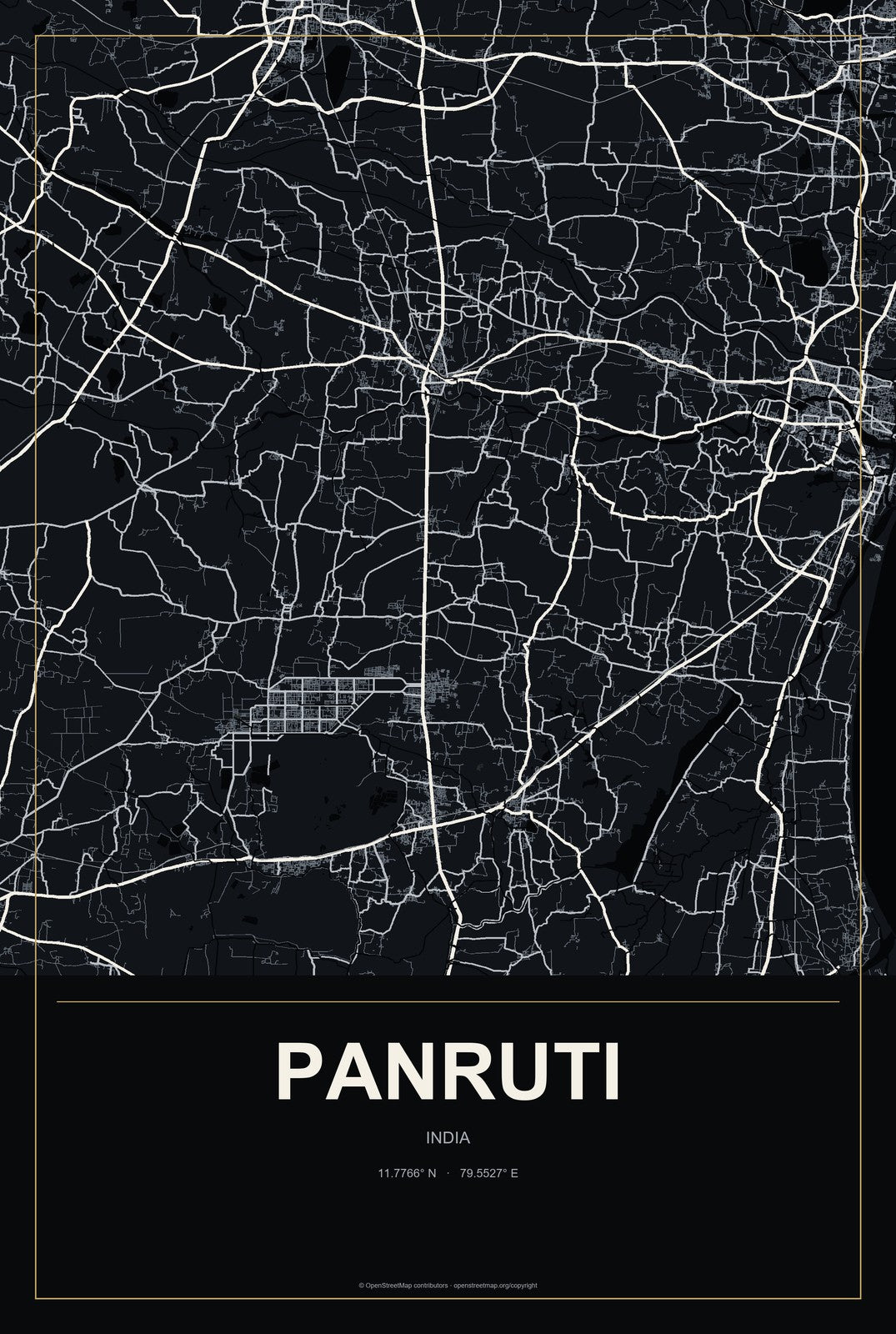 Panruti, India City Map Aluminum Sign in Metropolitan Noir style