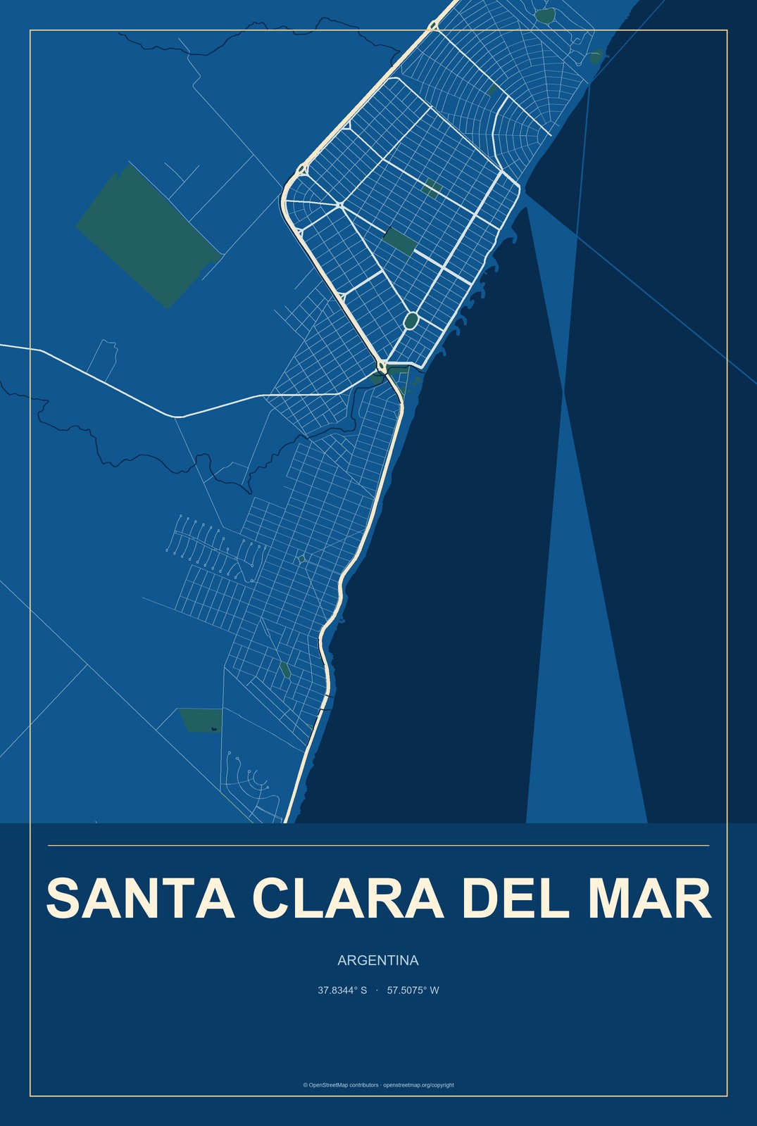 Santa Clara del Mar, Argentina City Map Aluminum Sign in Harbor Cobalt style