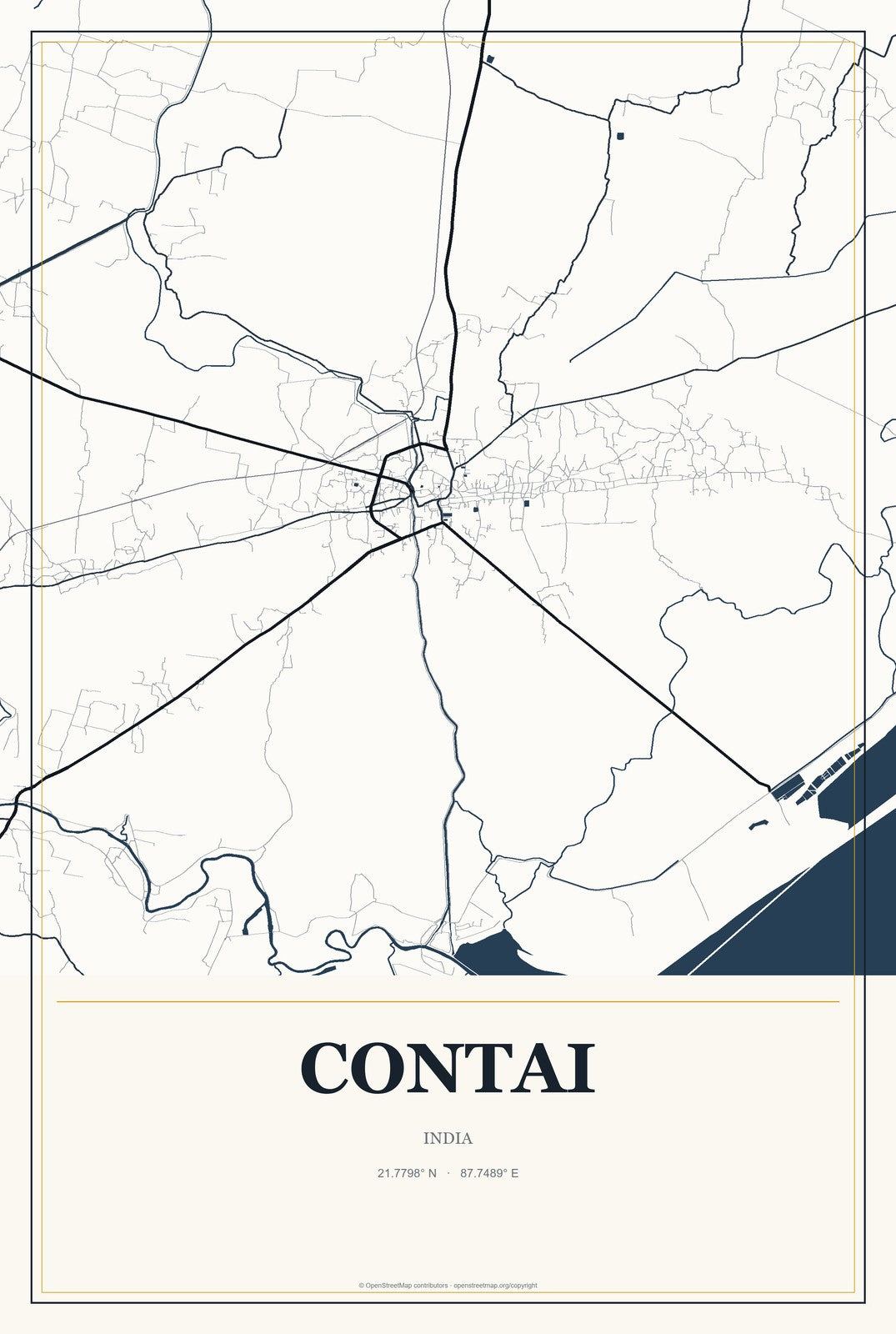 Contai, India City Map Aluminum Sign in Citrine Modern style