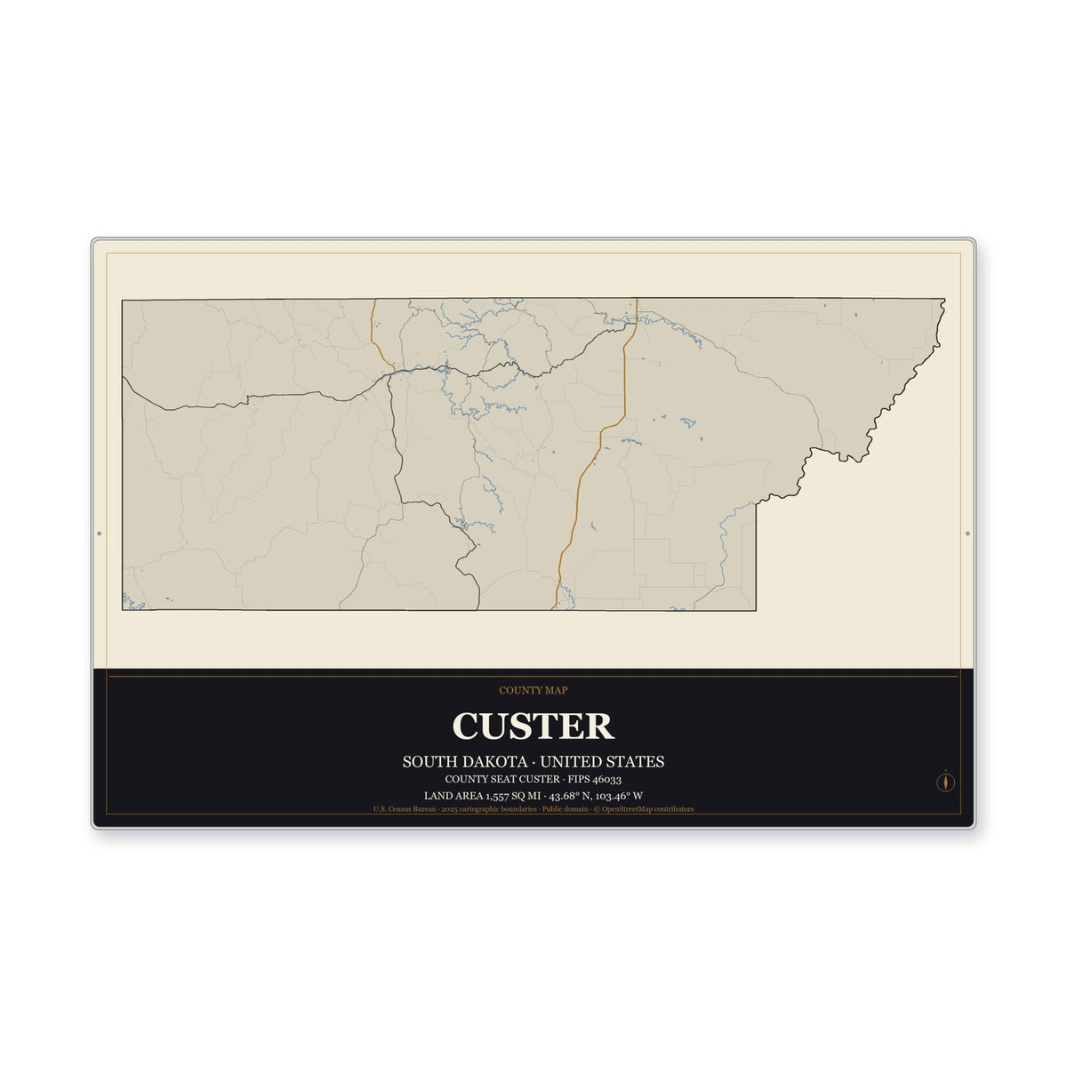 Custer County, South Dakota Map Aluminum Sign in Museum Plaque style