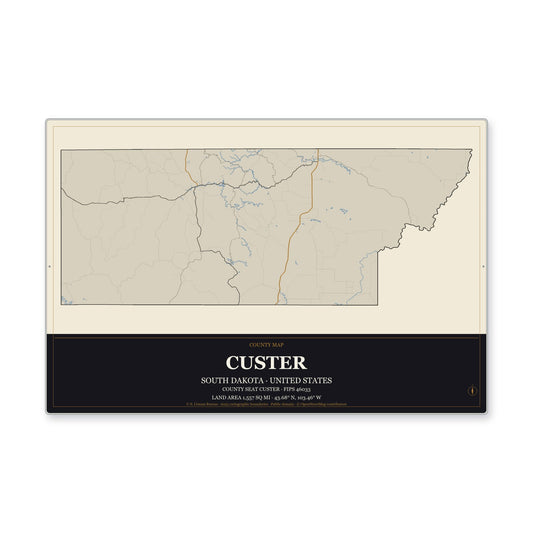 Custer County, South Dakota Map Aluminum Sign in Museum Plaque style