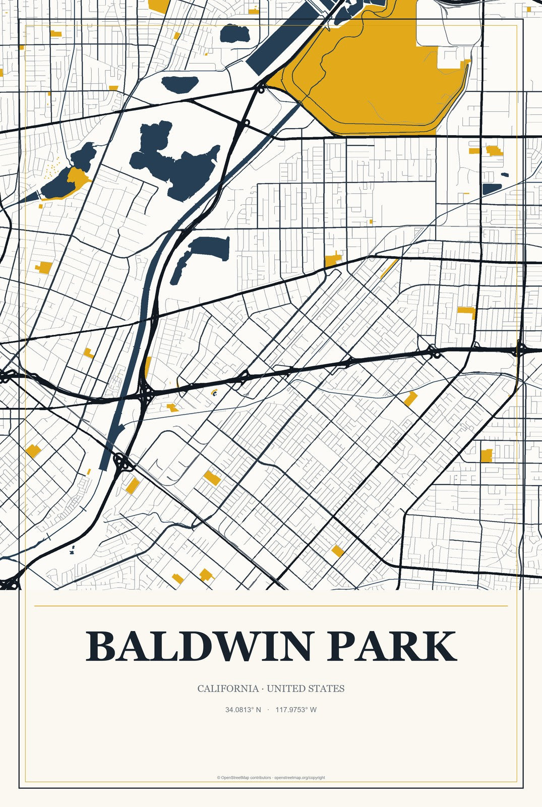 Baldwin Park, California City Map Aluminum Sign in Citrine Modern style