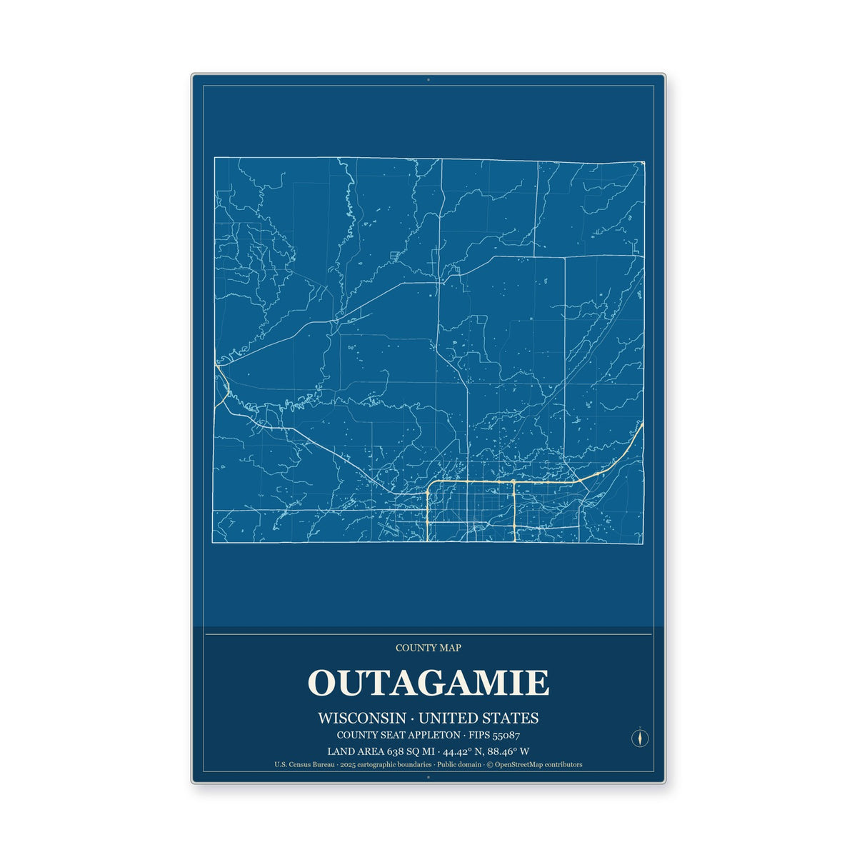 Outagamie County, Wisconsin Map Aluminum Sign in Harbor Cobalt style
