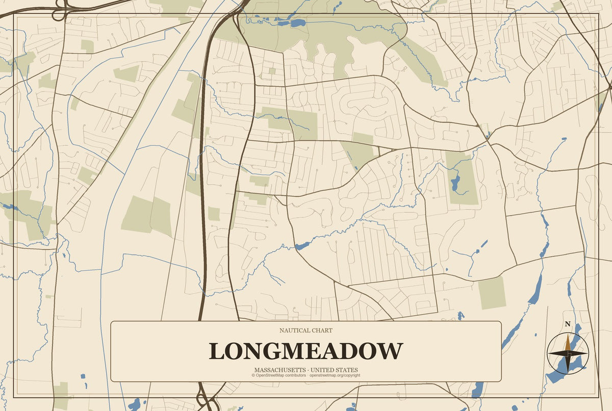 Longmeadow, Massachusetts City Map Aluminum Sign in Heritage Nautical style