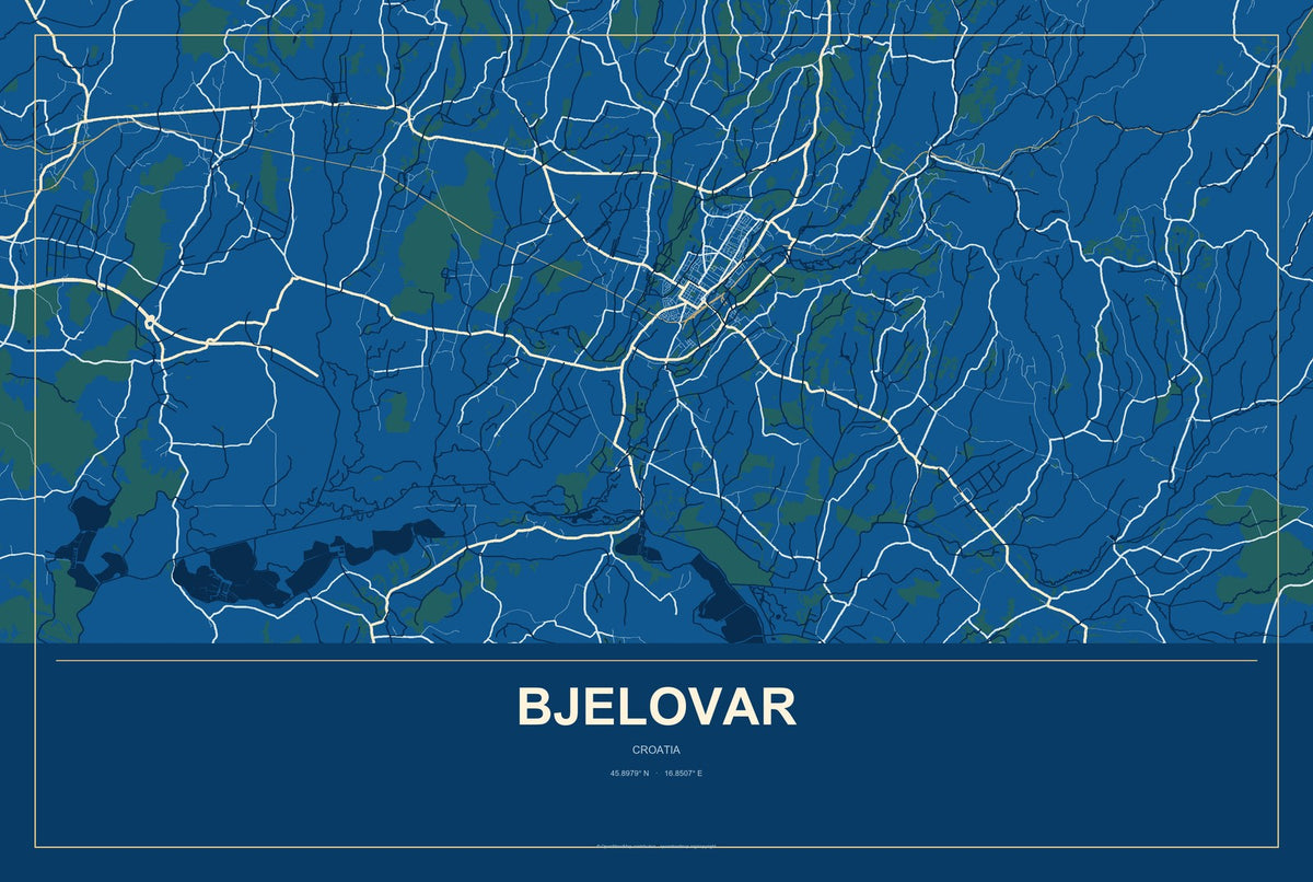 Bjelovar, Croatia City Map Aluminum Sign in Harbor Cobalt style