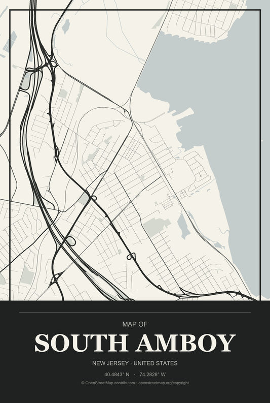 South Amboy, New Jersey City Map Aluminum Sign in Museum Plaque style