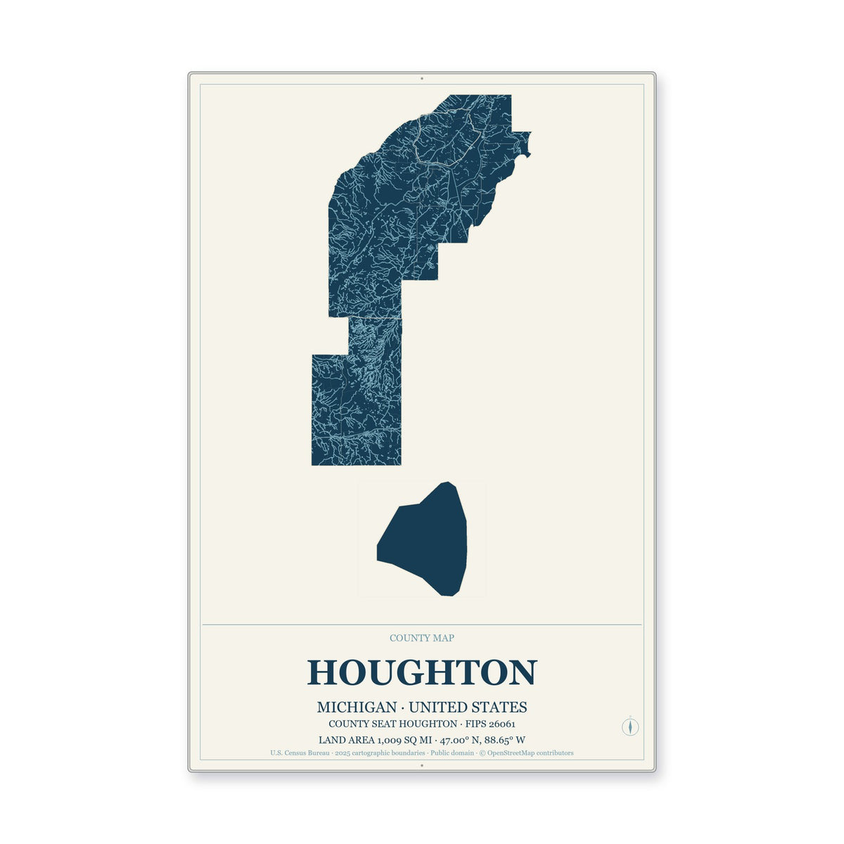 Houghton County, Michigan Map Aluminum Sign in Coastal Cutout style