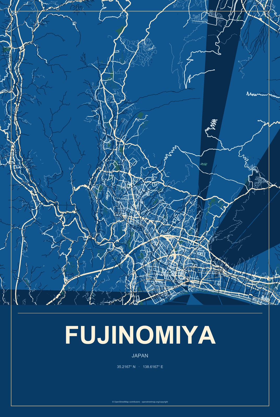 Fujinomiya, Japan City Map Aluminum Sign in Harbor Cobalt style