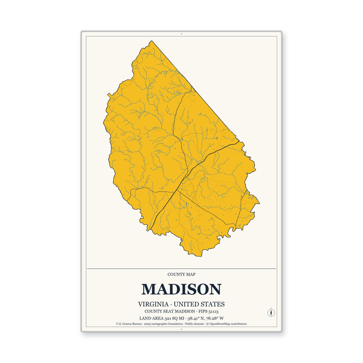 Madison County, Virginia Map Aluminum Sign in Citrine Modern style