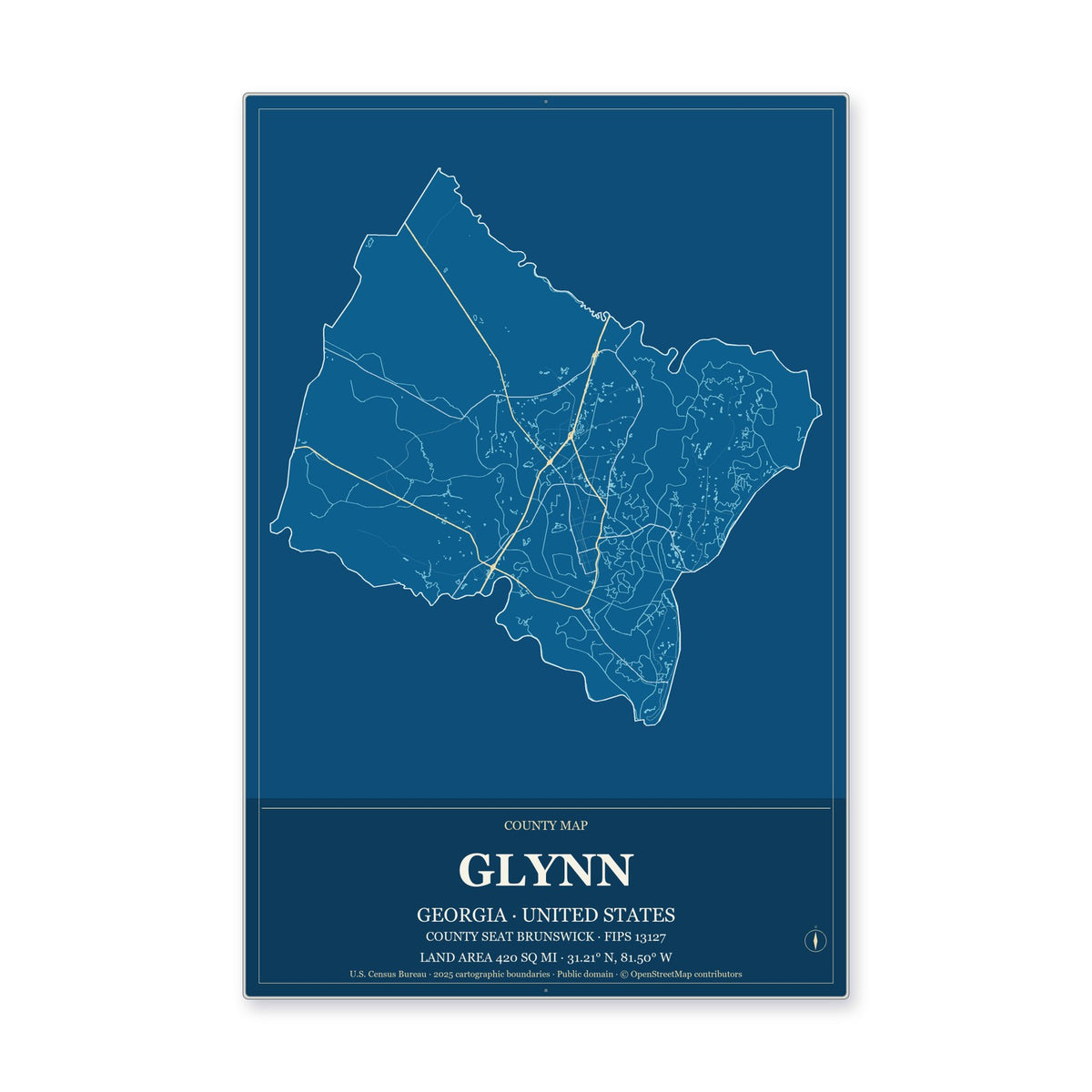 Glynn County, Georgia Map Aluminum Sign in Harbor Cobalt style