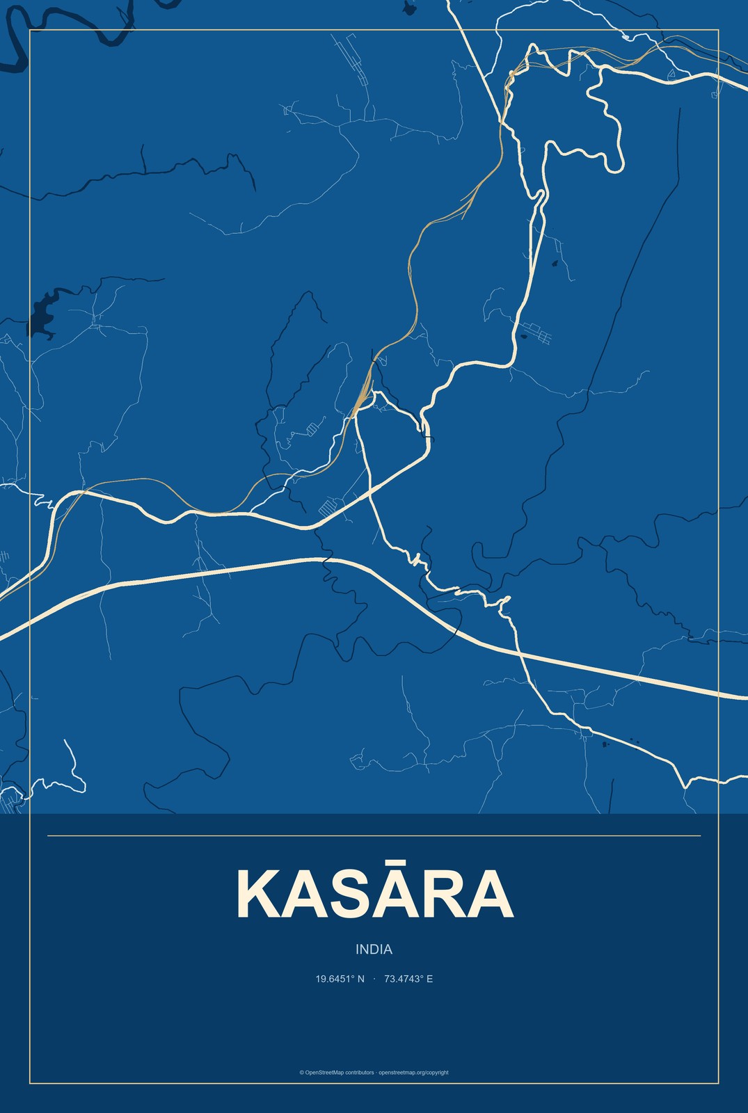 Kasāra, India City Map Aluminum Sign in Harbor Cobalt style