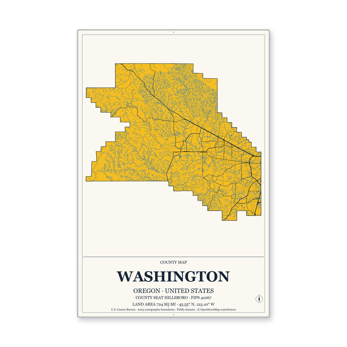 Washington County, Oregon Map Aluminum Sign in Citrine Modern style