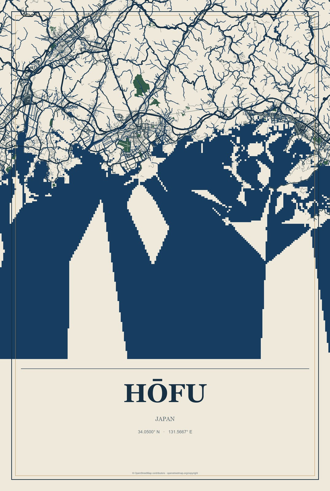 Hōfu, Japan City Map Aluminum Sign in Coastal Cutout style