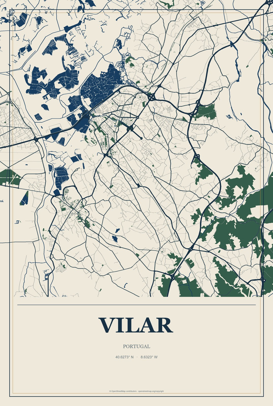 Vilar, Portugal City Map Aluminum Sign in Coastal Cutout style