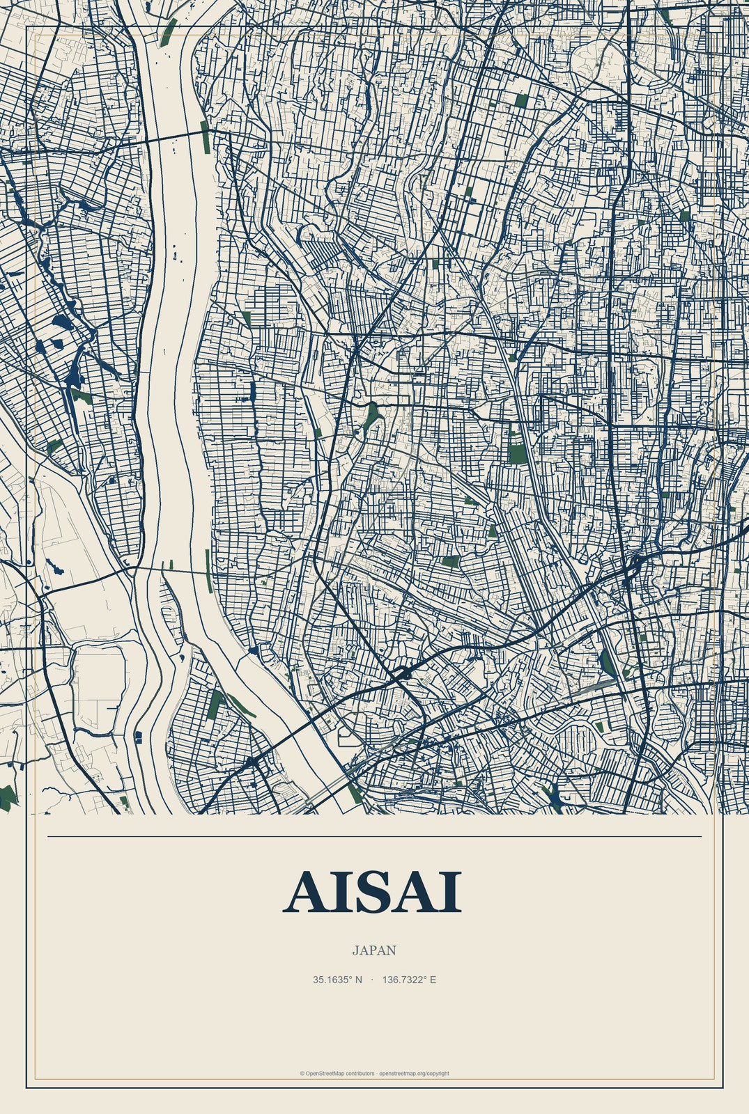 Aisai, Japan City Map Aluminum Sign in Coastal Cutout style