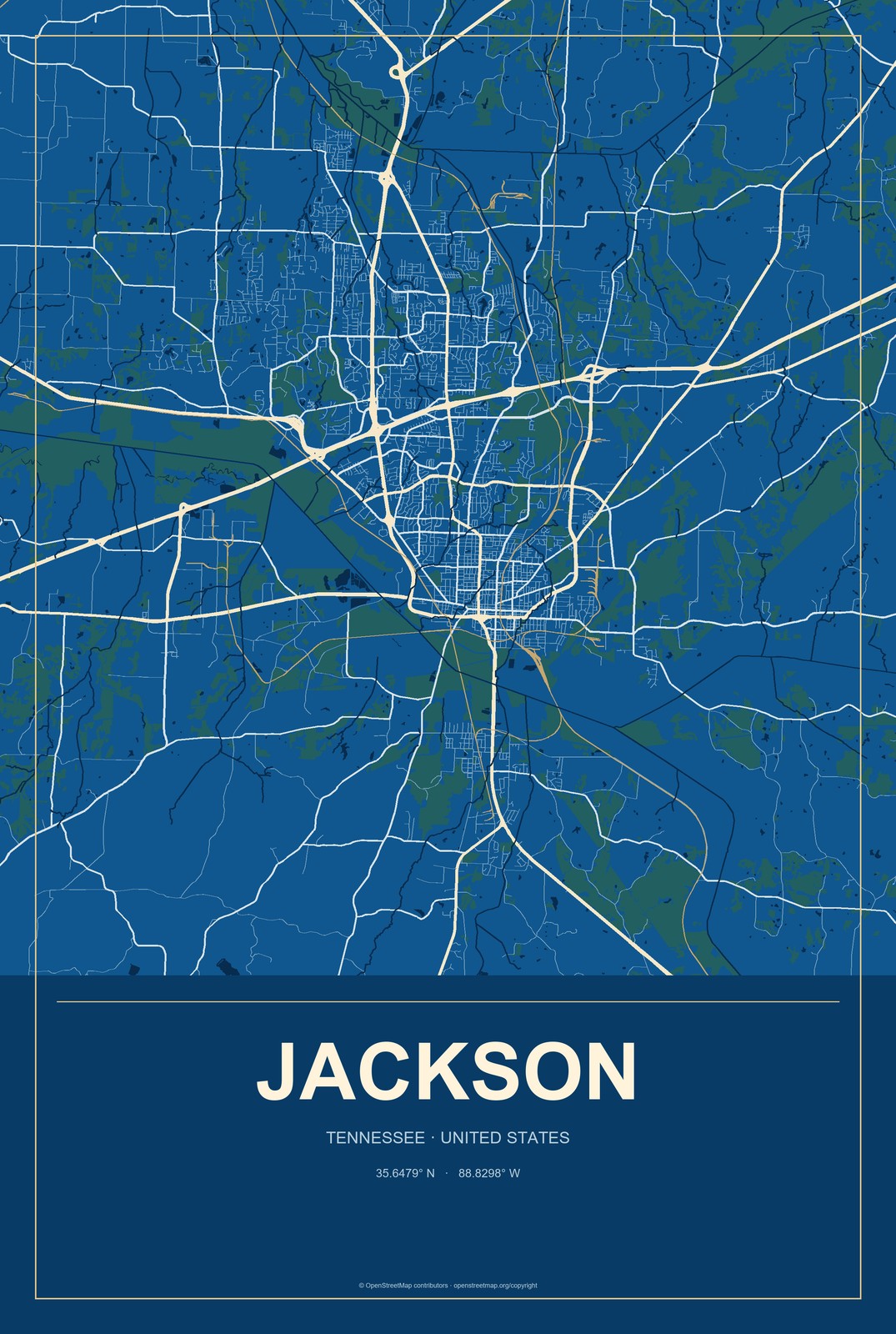 Jackson, Tennessee City Map Aluminum Sign in Harbor Cobalt style