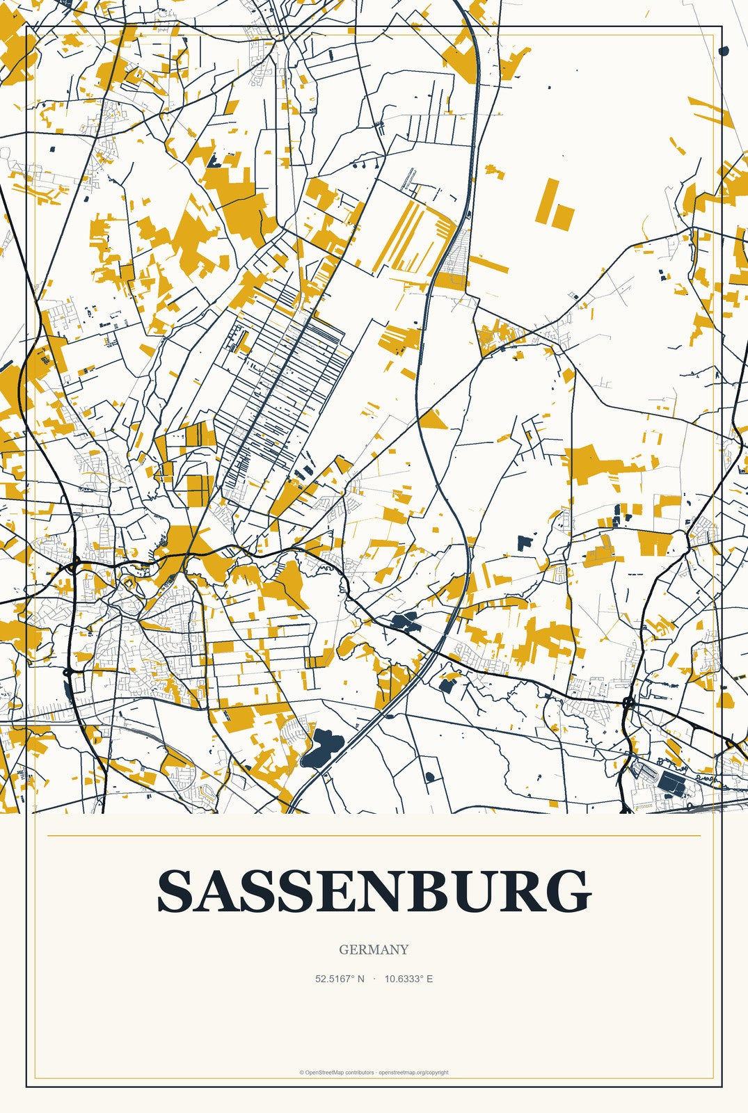 Sassenburg, Germany City Map Aluminum Sign in Citrine Modern style