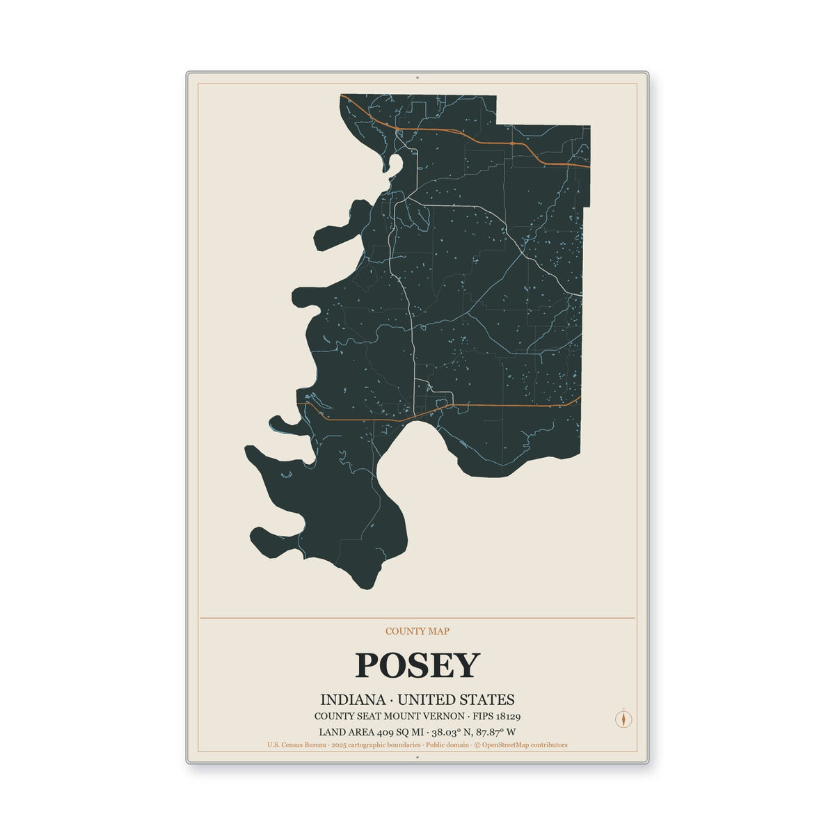 Posey County, Indiana Map Aluminum Sign in Headline Atlas style