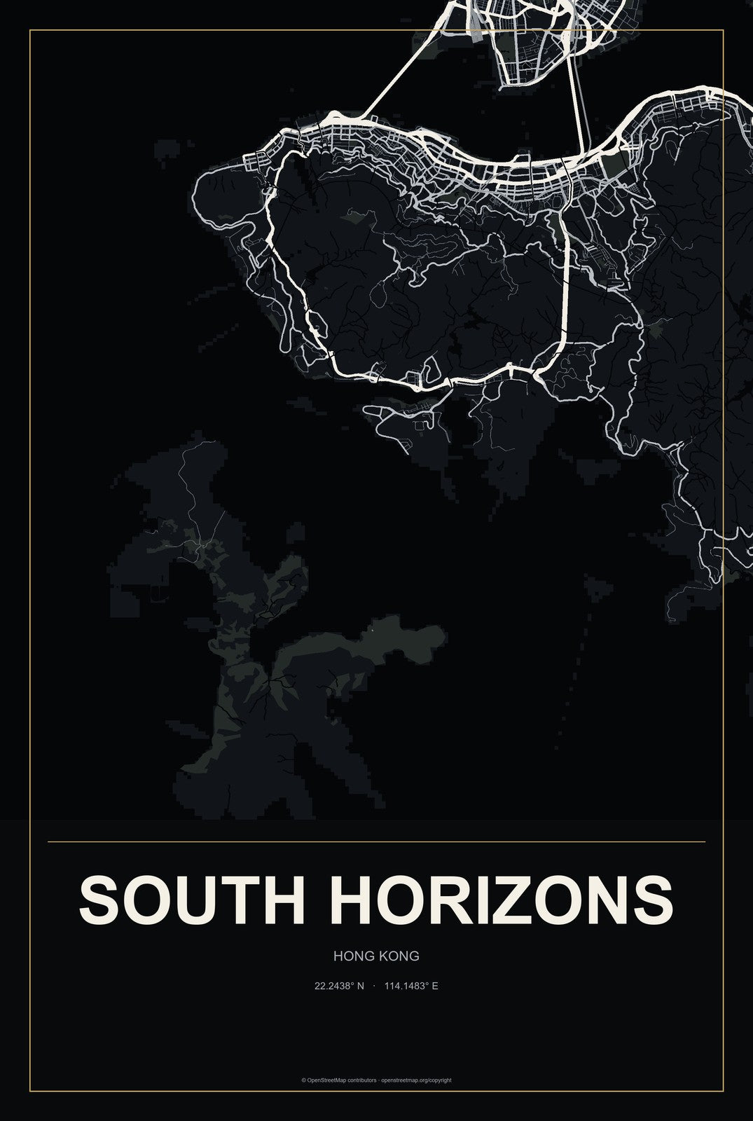 South Horizons, Hong Kong City Map Aluminum Sign in Metropolitan Noir style