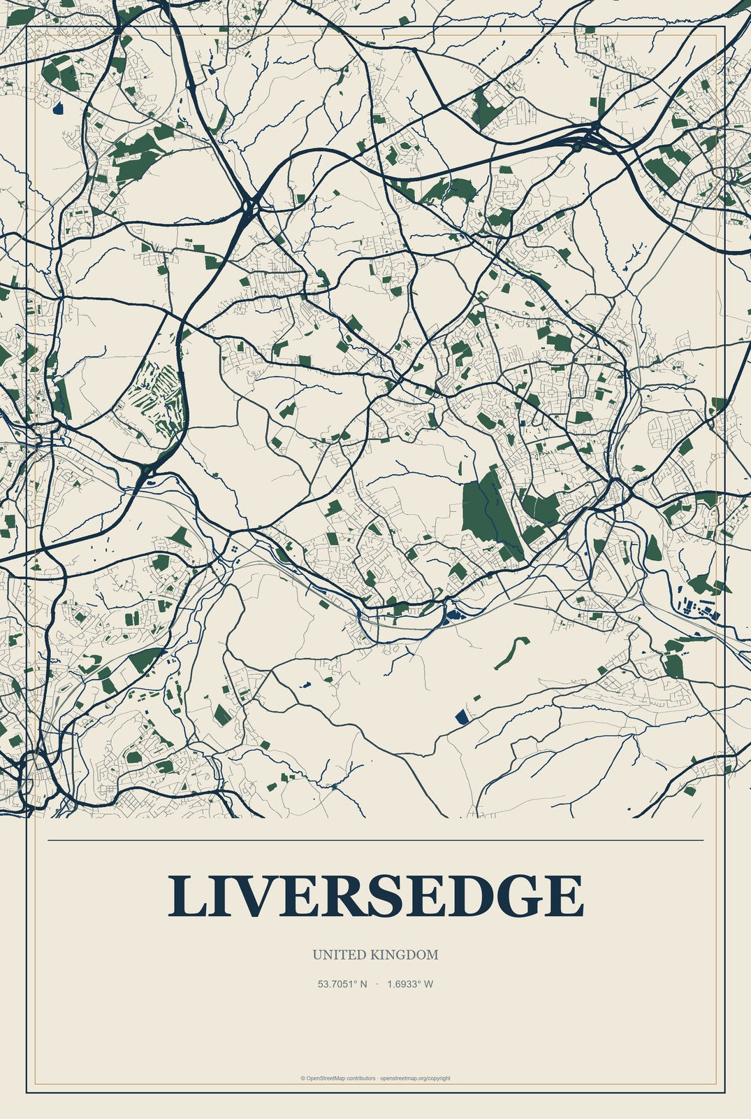 Liversedge, United Kingdom City Map Aluminum Sign in Coastal Cutout style