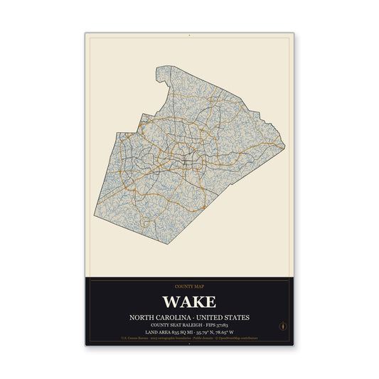Wake County, North Carolina Map Aluminum Sign in Museum Plaque style