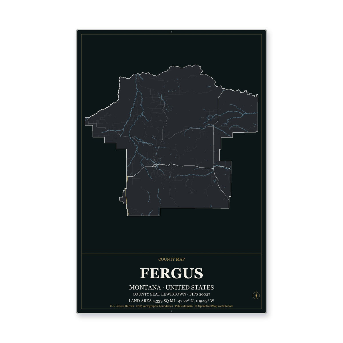 Fergus County, Montana Map Aluminum Sign in Metropolitan Noir style