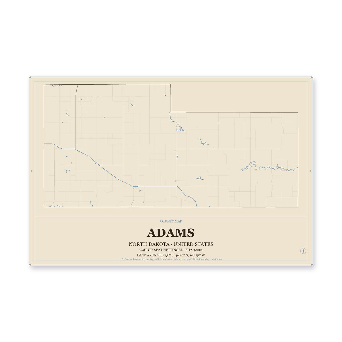 Adams County, North Dakota Map Aluminum Sign in Heritage Nautical style
