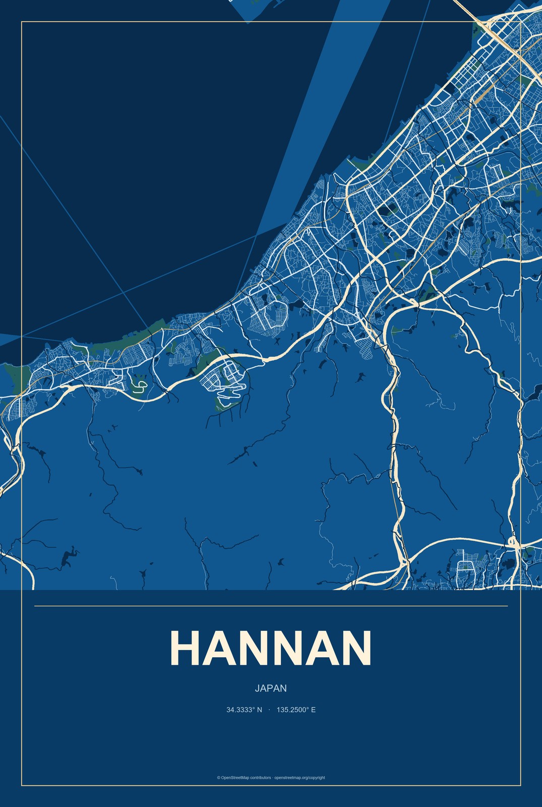 Hannan, Japan City Map Aluminum Sign in Harbor Cobalt style
