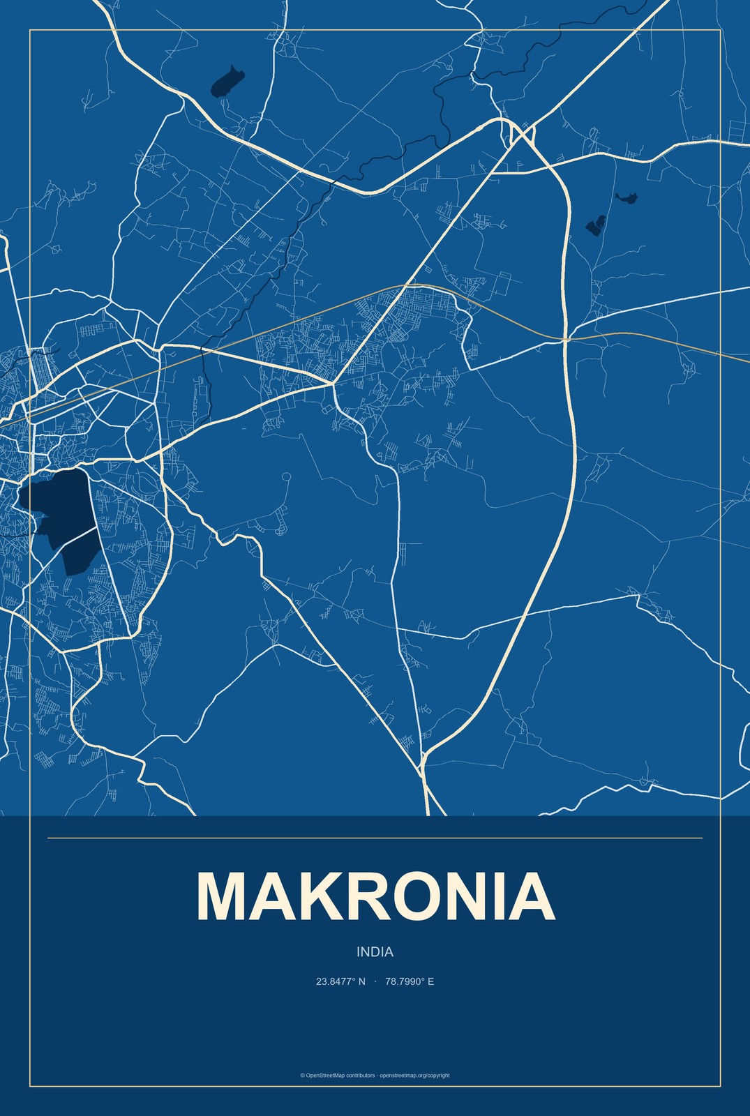 Makronia, India City Map Aluminum Sign in Harbor Cobalt style