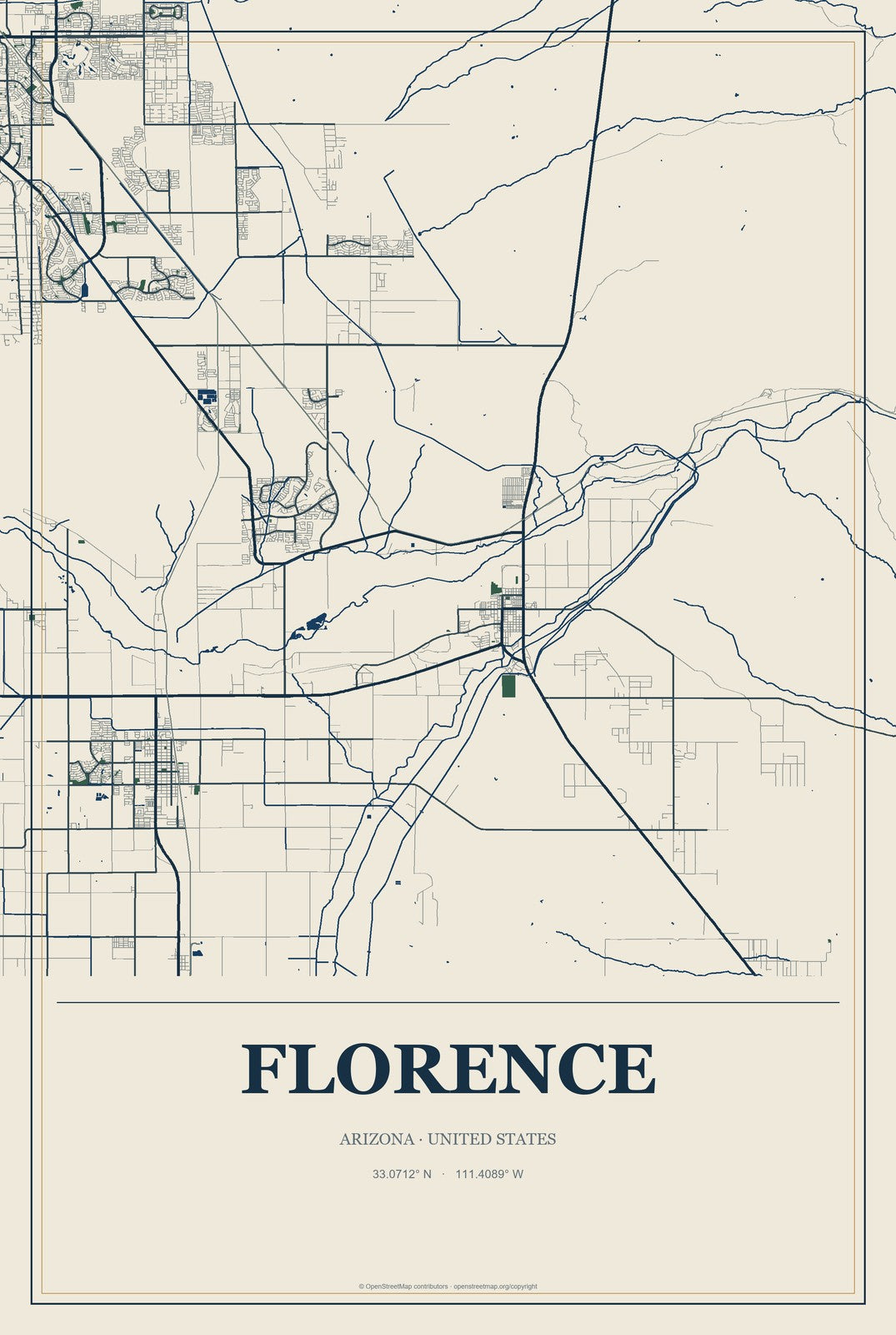 Florence, Arizona City Map Aluminum Sign in Coastal Cutout style