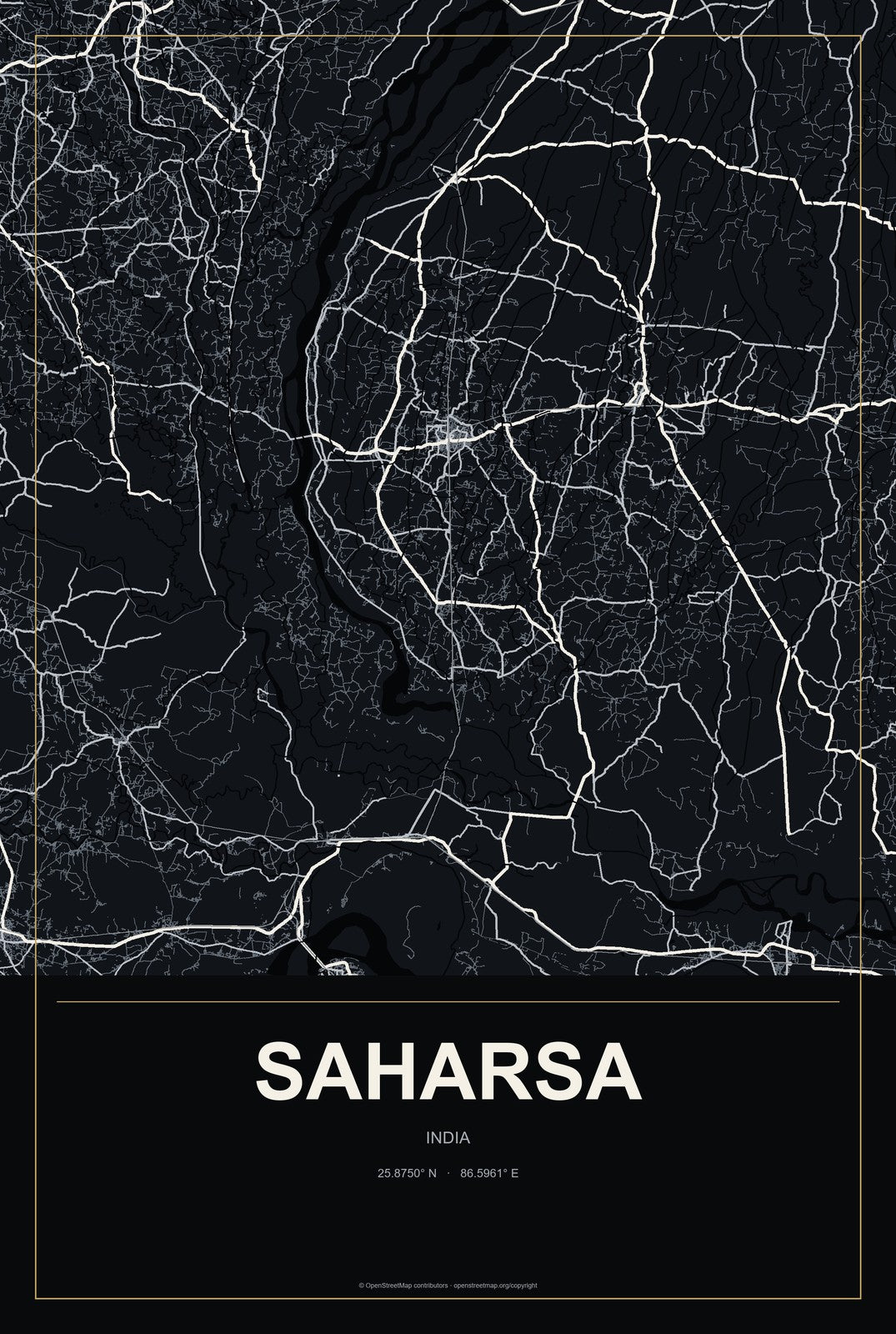 Saharsa, India City Map Aluminum Sign in Metropolitan Noir style