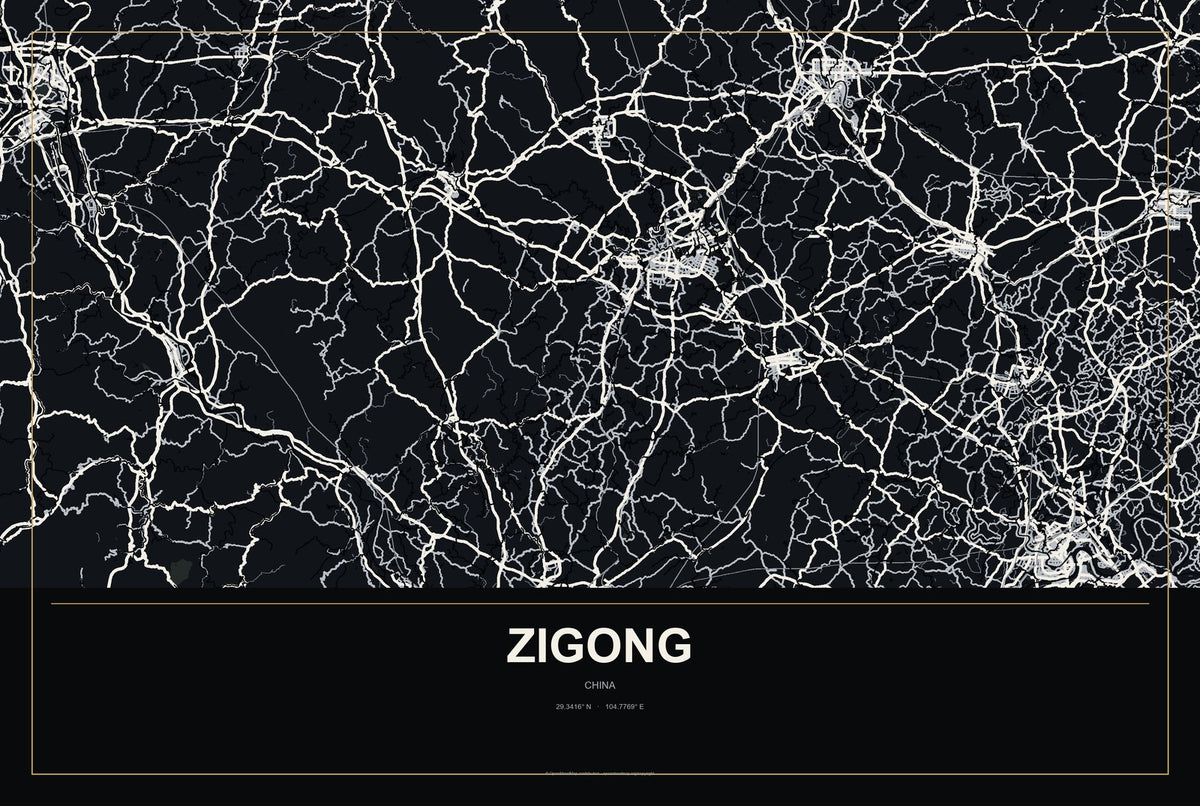 Zigong, China City Map Aluminum Sign in Metropolitan Noir style