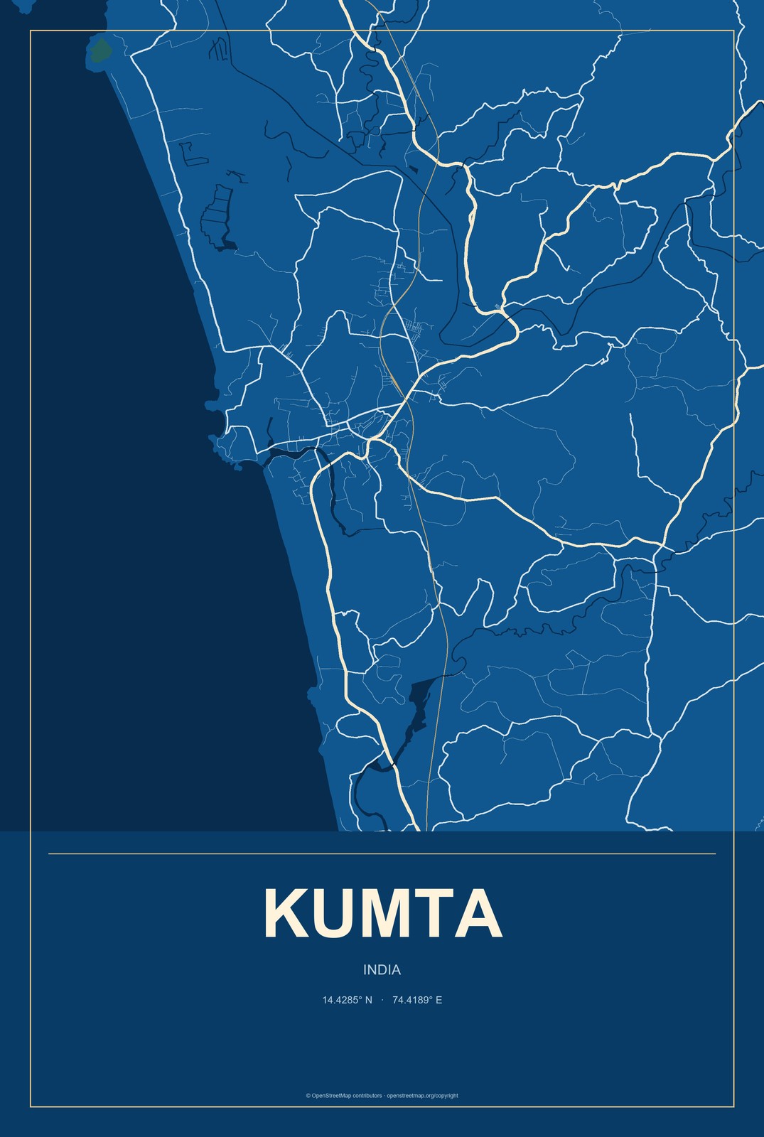 Kumta, India City Map Aluminum Sign in Harbor Cobalt style