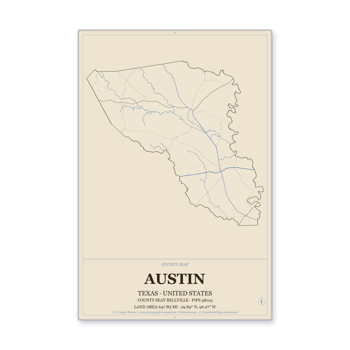Austin County, Texas Map Aluminum Sign in Heritage Nautical style