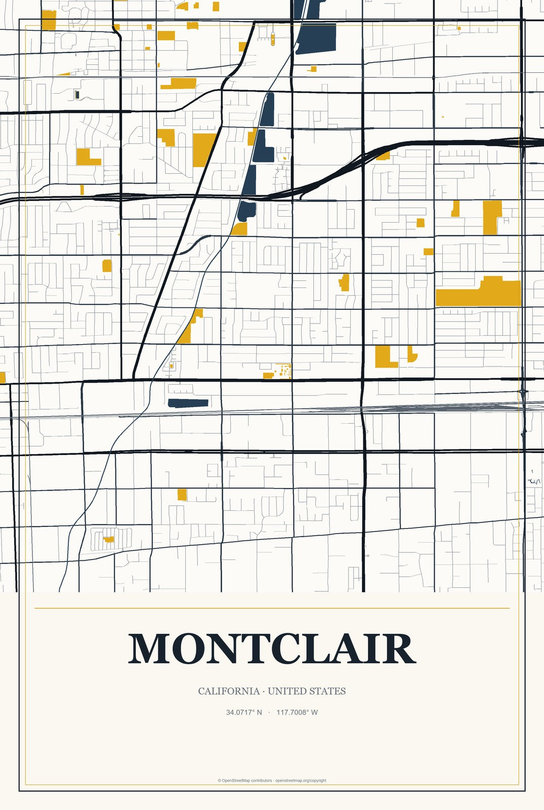 Montclair, California City Map Aluminum Sign in Citrine Modern style